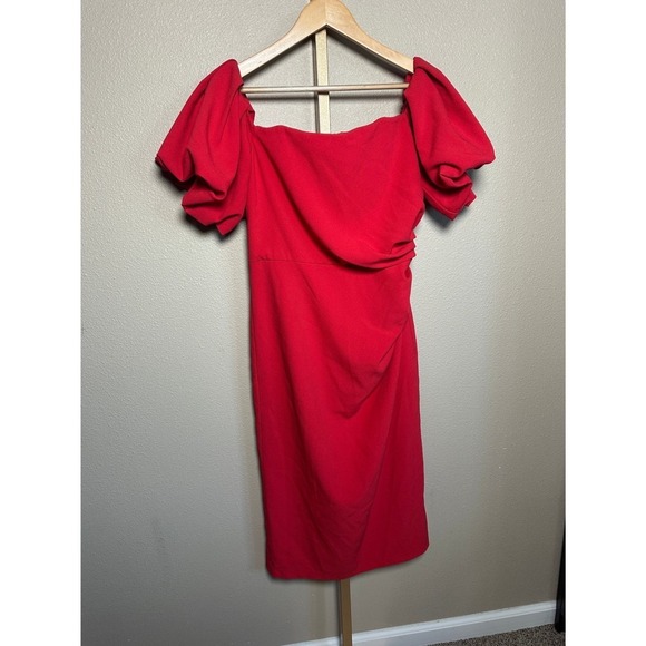 Shoshanna Red Ruched Bodycon Dress Puff Sleeve Party Cocktail Sz 8